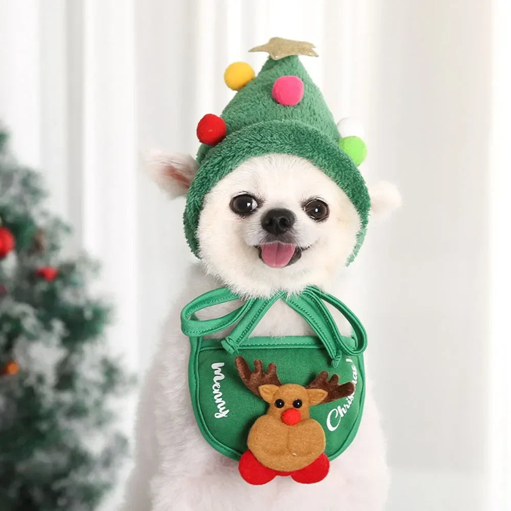 Christmas Pet Costume Set – Santa or Reindeer Hat with Scarf for Cats & Small Dogs