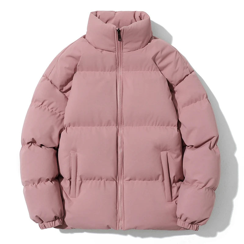 Women Men Winter Puffer Jacket, Solid Color Zip Up Stand Collar Warm Coat, Loose Casual Long Sleeve Outerwear For Daily