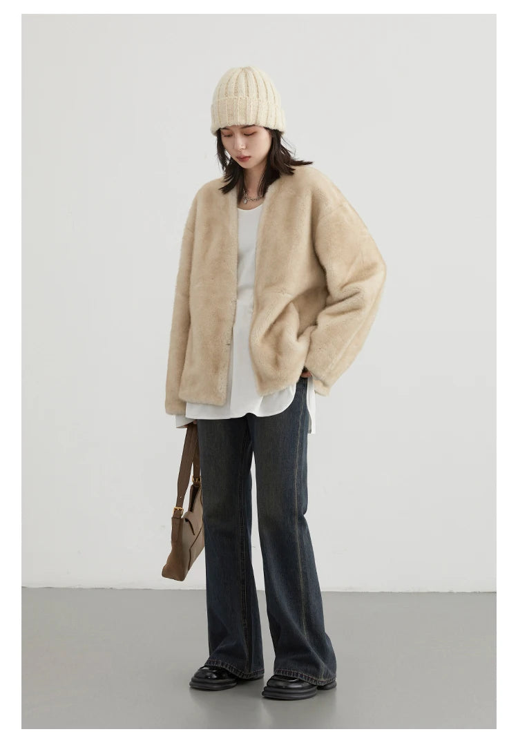 CHIC VEN Women's Jacket Loose Casual Solid Overcoat New Female Plush Coat V-neck Woman Outerwear Autumn Winter 2026