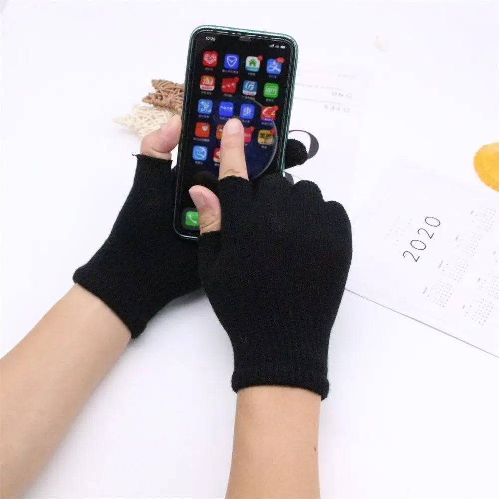 Thick Knit Fingerless Gloves – Unisex Black Half-Finger Gloves