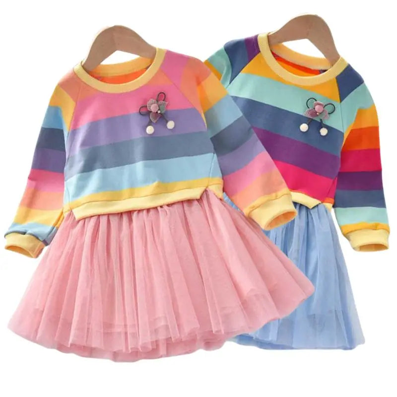 Girls' Rainbow Stripe Fleece Tutu Dress - Long Sleeve Autumn Princess Dress, 3T-7T