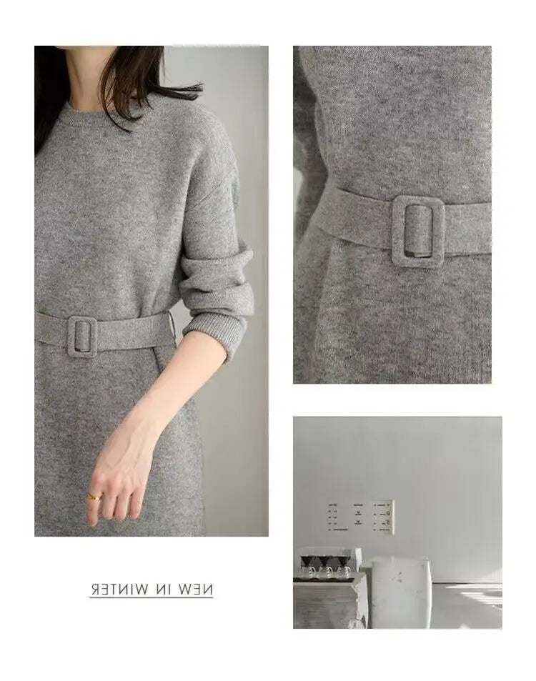 Women's Knit A-Line Midi Dress with Sash