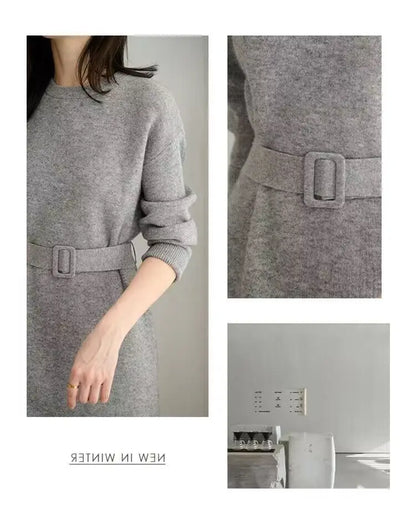 Vestido midi de punto en línea A con cinturón para mujer