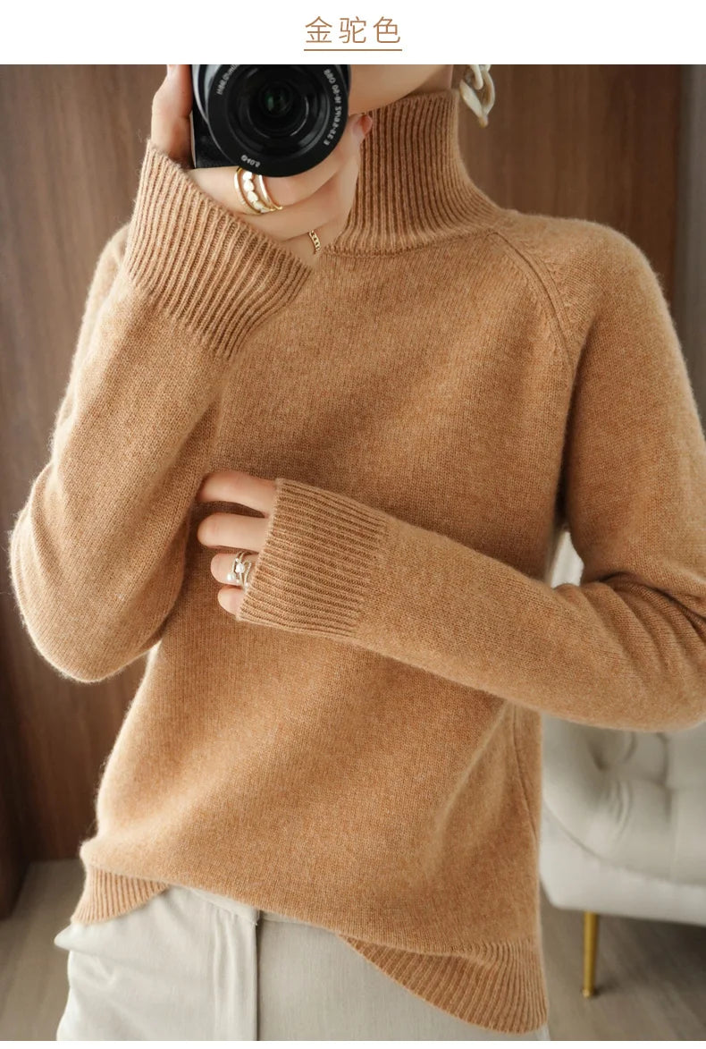 Fashion Basic Autumn Winter Merino Wool Sweater Mock Neck Cashmere Pullover Solid Color Soft Long Sleeve Basic Clothing Tops