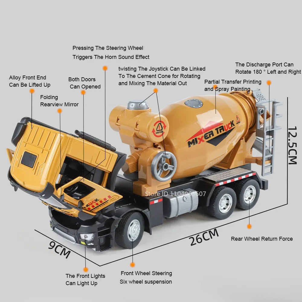 1:24 Diecast Crane & Mixer Truck with Lights, Sounds & Pull-Back
