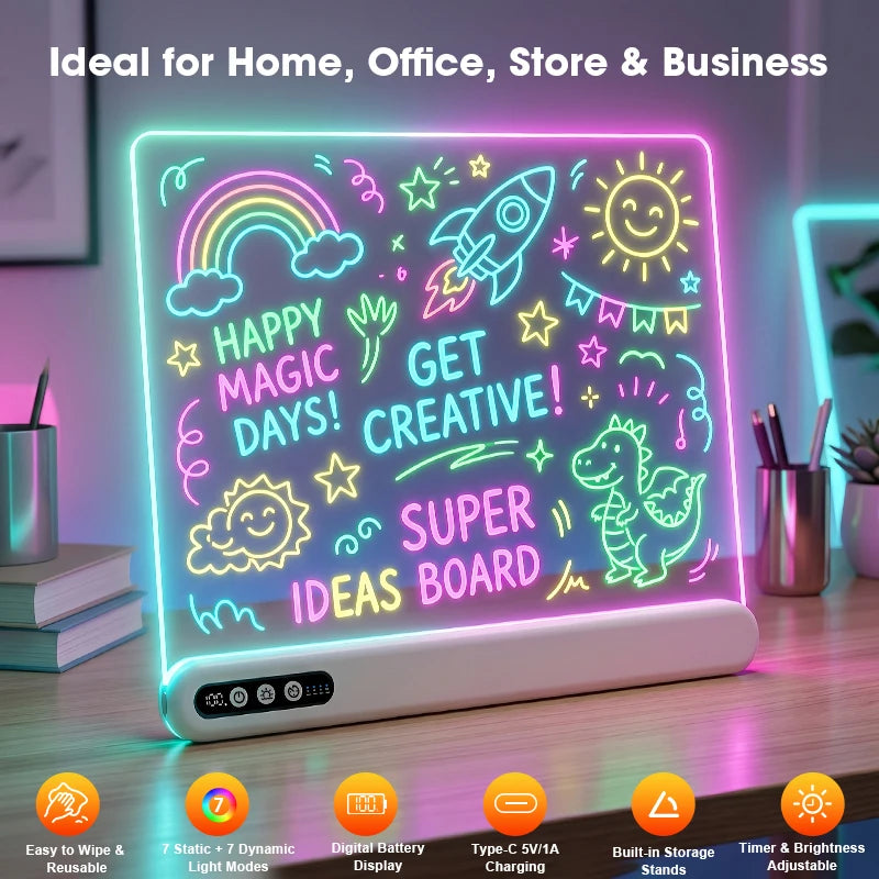 LED Light-Up Drawing Board – Rechargeable, with Timer & 7 Markers