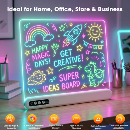 LED Light-Up Drawing Board – Rechargeable, with Timer & 7 Markers