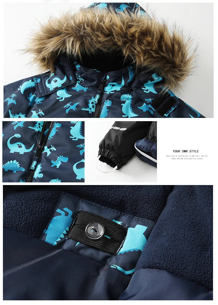 Baby Boys One-Piece Ski Suits Children's Snowboarding Fur Hooded Thick Windproof Warm Skiing Sports Clothes for Winter