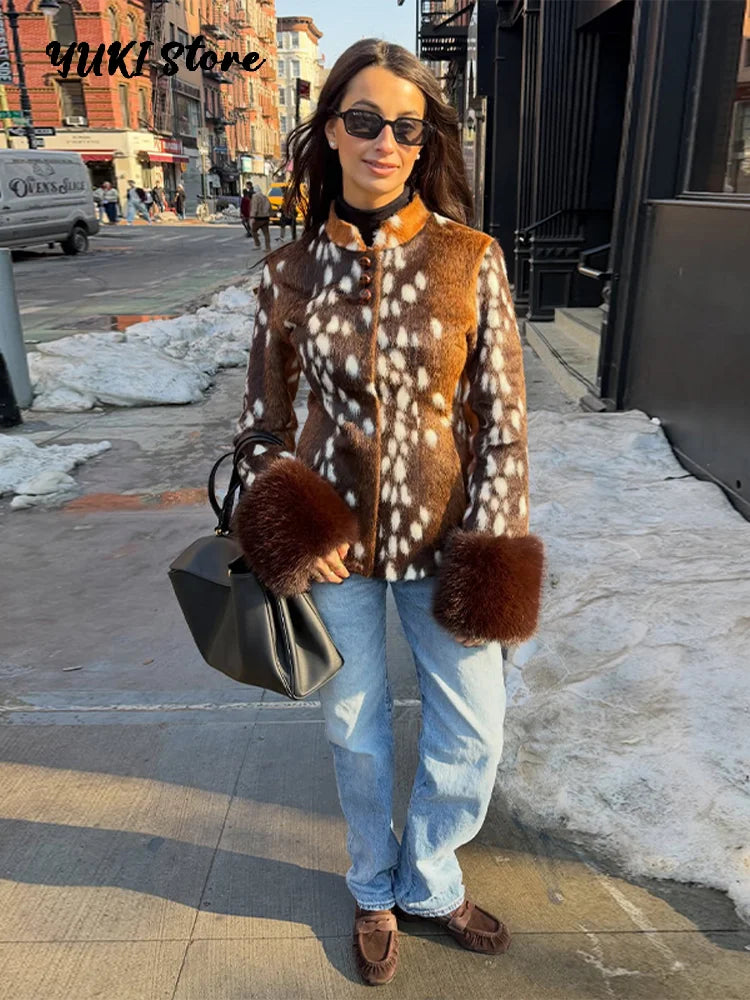Street Leopard Print Fur Cuffs Jacket Women Stand Collar Full Sleeve Buttons Jackets 2026 Autumn Winter Fashion Lady Outwear