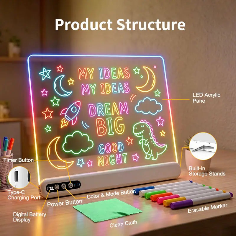LED Light-Up Drawing Board – Rechargeable, with Timer & 7 Markers