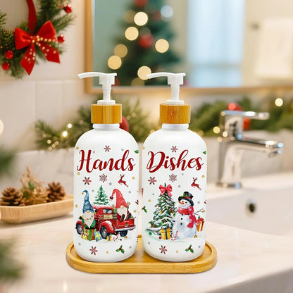 Lot de 2 distributeurs de savon gnomes de Noël avec plateau – Décoration de fêtes pour cuisine et salle de bain