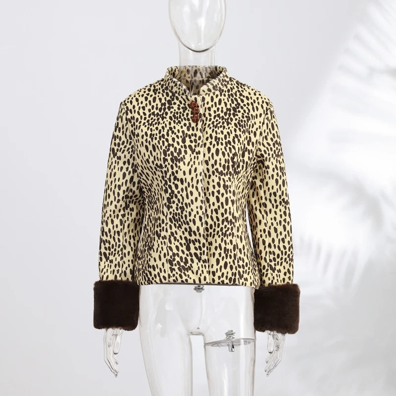 Street Leopard Print Fur Cuffs Jacket Women Stand Collar Full Sleeve Buttons Jackets 2026 Autumn Winter Fashion Lady Outwear