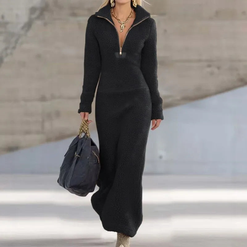 Women's V-Neck A-Line Midi Dress with Zip Detail