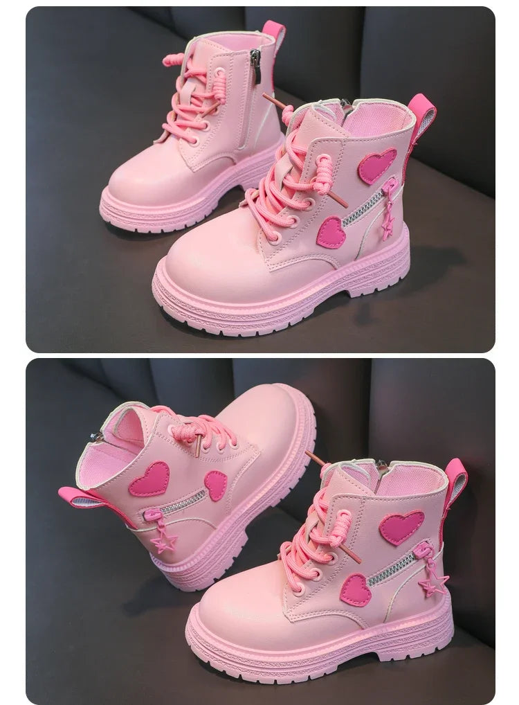 Black/pink Girls Leather Boots Velvet with Anti Slip Low Cut Side Zipper Winter Outdoor Girls Fashion Single Boot