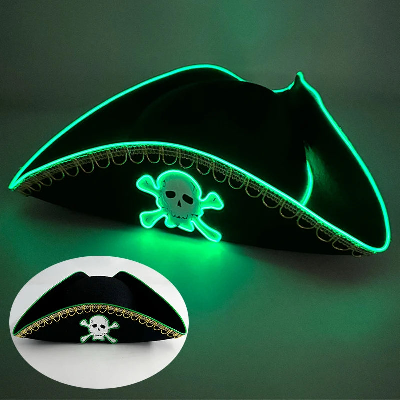LED Light-Up Pirate Captain Hat - Glowing Tricorn Costume Hat for Halloween & Parties