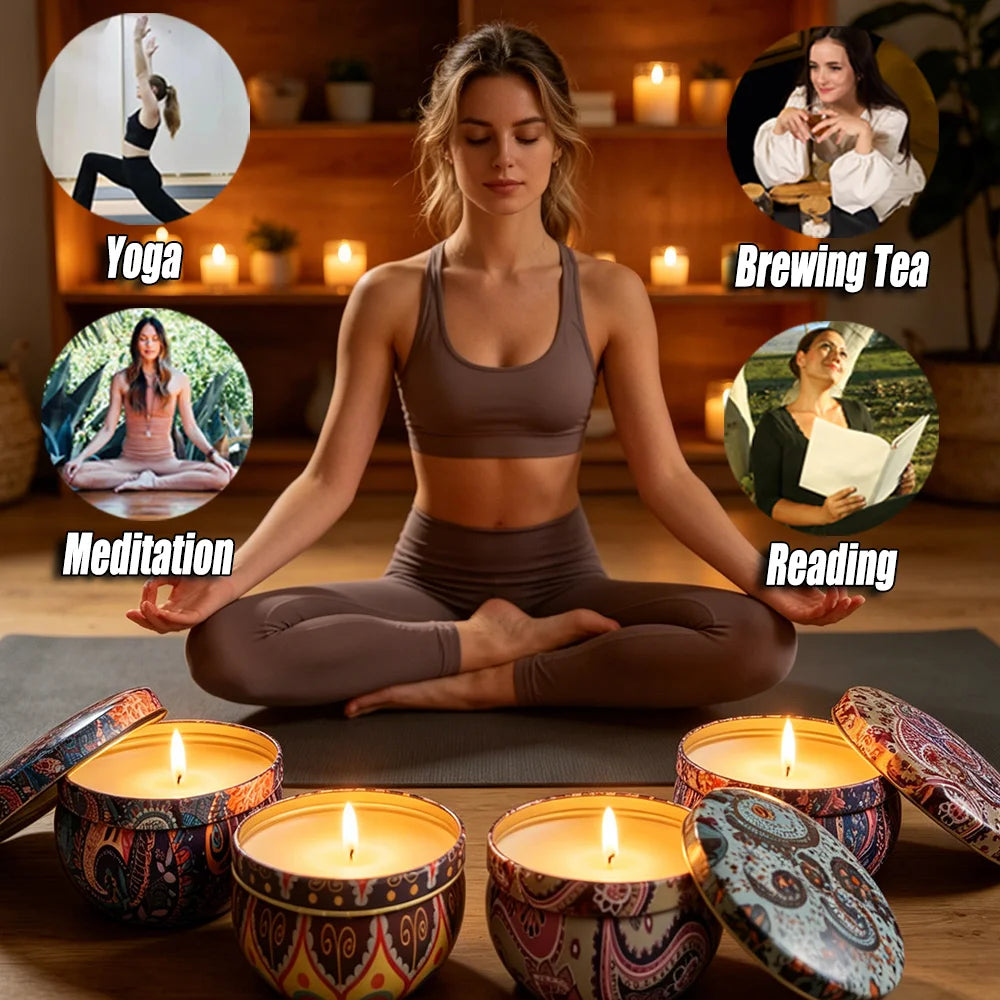 Exquisite Scented Candles in a Tin Box, Containing 4 Flavors Including Honeysuckle, Lavender, Lemongrass, and Freesia, Essential Oil-Infused, with Long-Lasting Fragrance, Suitable for Home, Office, Yoga, and Meditation