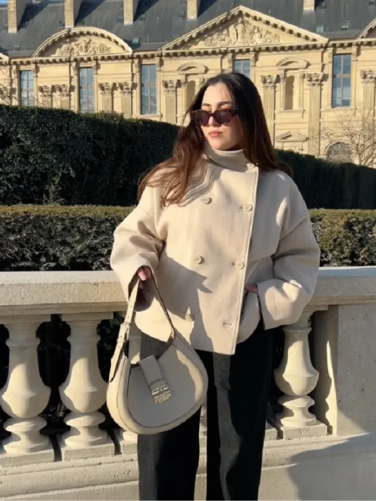 Classic Black High Neck Faux Wool Coats Women Chic Double Breasted Wide Sleeve Pocket Jackets Fall Winter Street Loose Outerwear