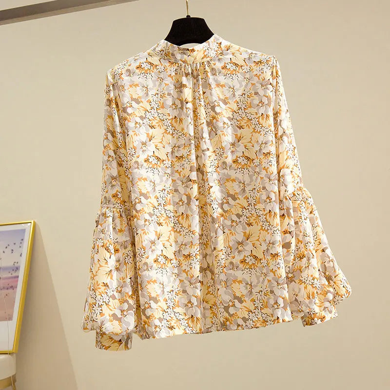 Floral Print Vintage Chiffon Stand Collar Lantern Sleeve Pullover Women's Blouse Shirt Casual Female Clothing Tops Fashion 2024