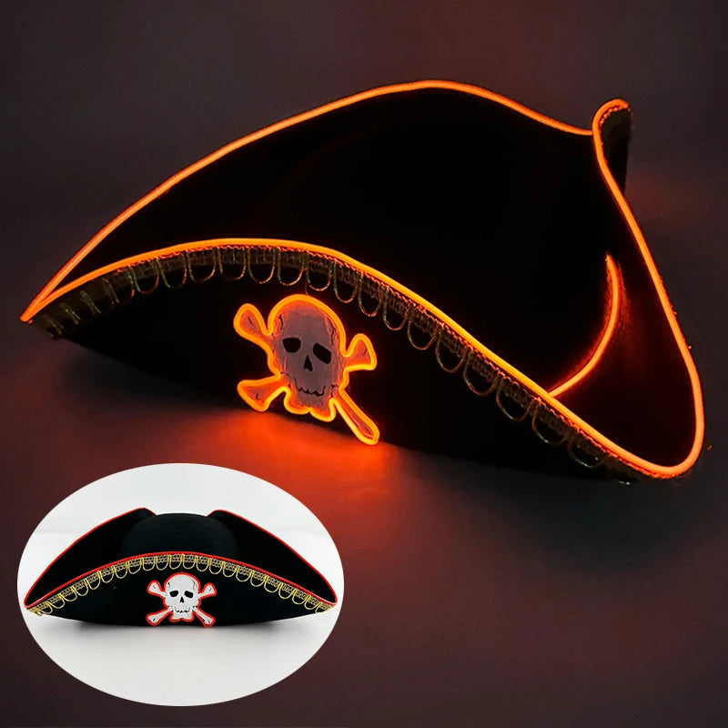 LED Light-Up Pirate Captain Hat - Glowing Tricorn Costume Hat for Halloween & Parties
