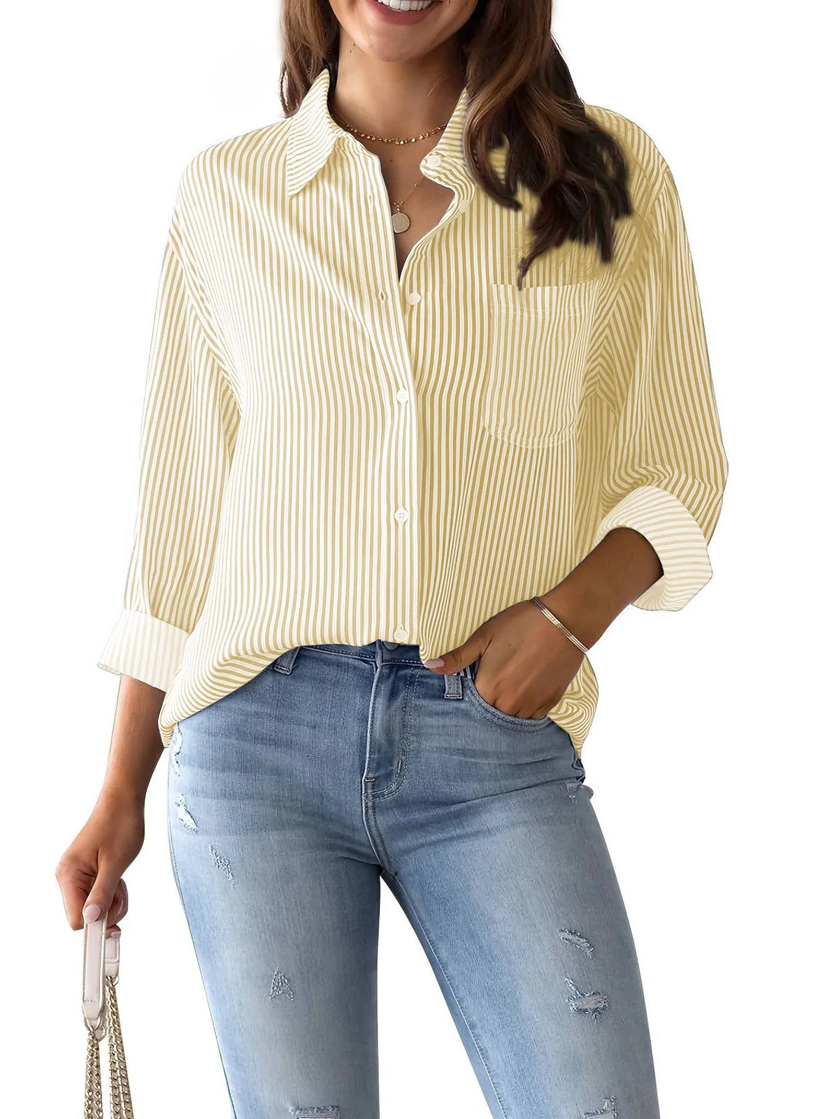 Women Long Sleeve Striped Loose Shirt Office Lady Elegant Turn Down Collar Harajuku Blouse Casual Lapel Tops Female Clothes