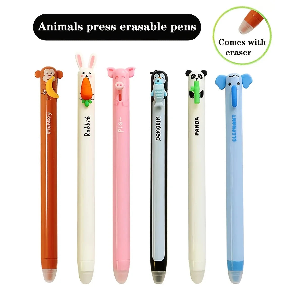 6pcs Animal-shaped Erasable Gel Pen Set, 0.7mm Fine Tip, Blue Ink, Built-in Eraser, Ideal for Note-taking and Writing,Side press