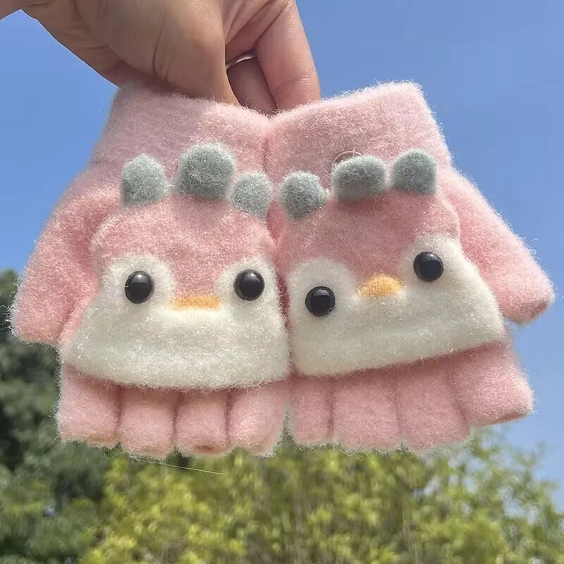 Kids' Penguin Flip-Top Mittens – Half-Finger Winter Gloves (Ages 2–6)