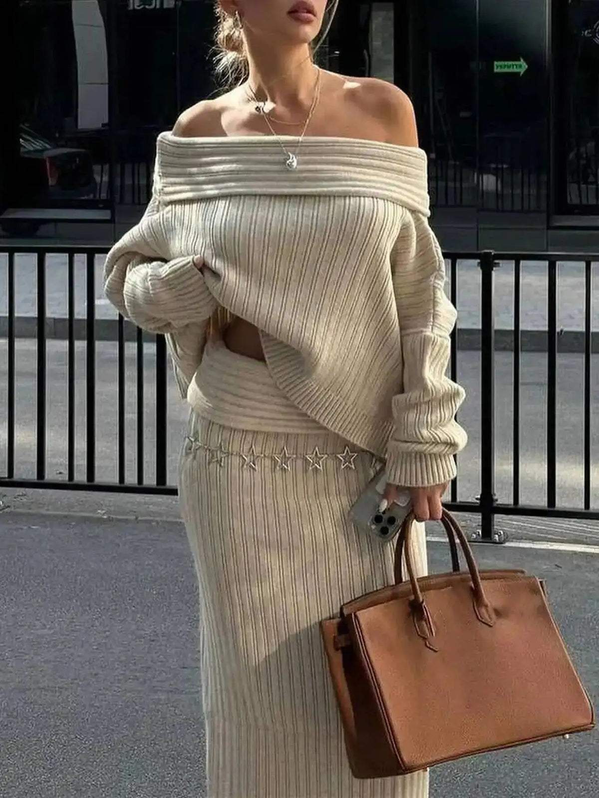 Women's Off-Shoulder Long-Sleeve Knit Dress