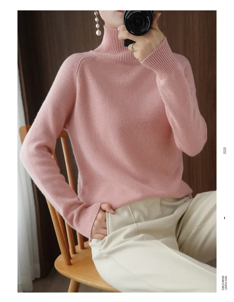 Fashion Basic Autumn Winter Merino Wool Sweater Mock Neck Cashmere Pullover Solid Color Soft Long Sleeve Basic Clothing Tops