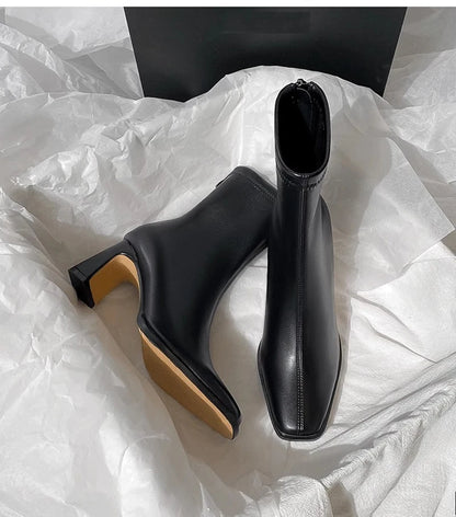 Botines de mujer con punta cuadrada, cremallera y tacón de bloque