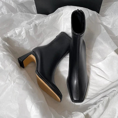 Botines de mujer con punta cuadrada, cremallera y tacón de bloque