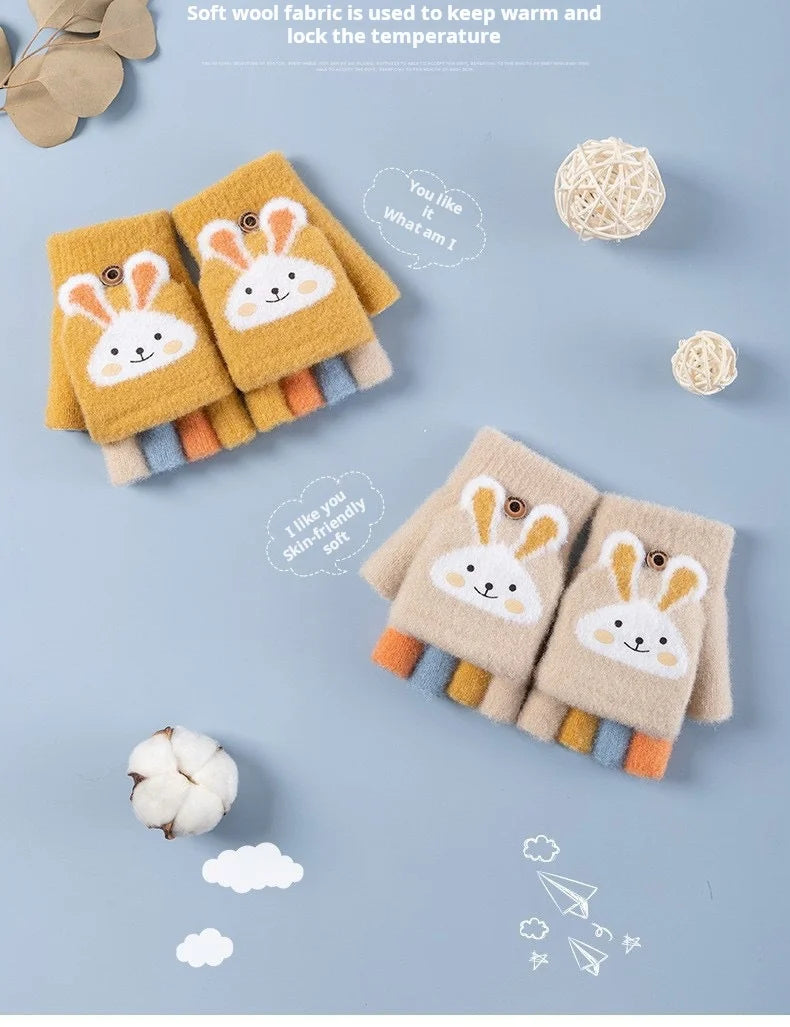 Kids' Bunny Flip-Top Knit Gloves – Half-Finger Mittens (Ages 4–11)