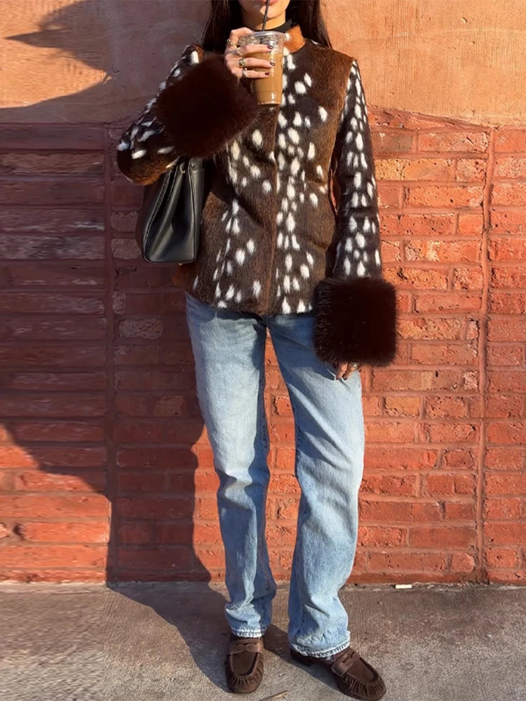 Street Leopard Print Fur Cuffs Jacket Women Stand Collar Full Sleeve Buttons Jackets 2026 Autumn Winter Fashion Lady Outwear