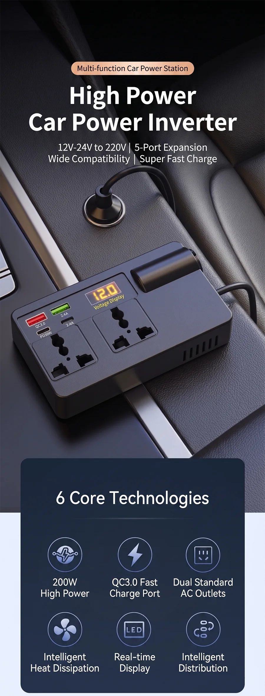 200W 12V to 220V Car Power Inverter