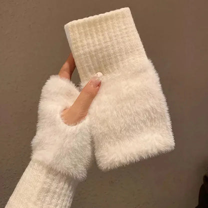 Guantes tejidos de felpa sin dedos para mujer – Calentadores de muñeca suaves