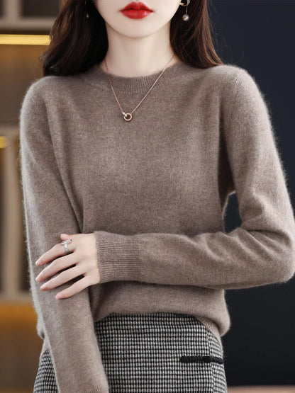 Suéter de moda 100 % lana merina, elegante jersey de cachemira para mujer, prenda básica de punto con cuello redondo y manga larga, top tipo jersey