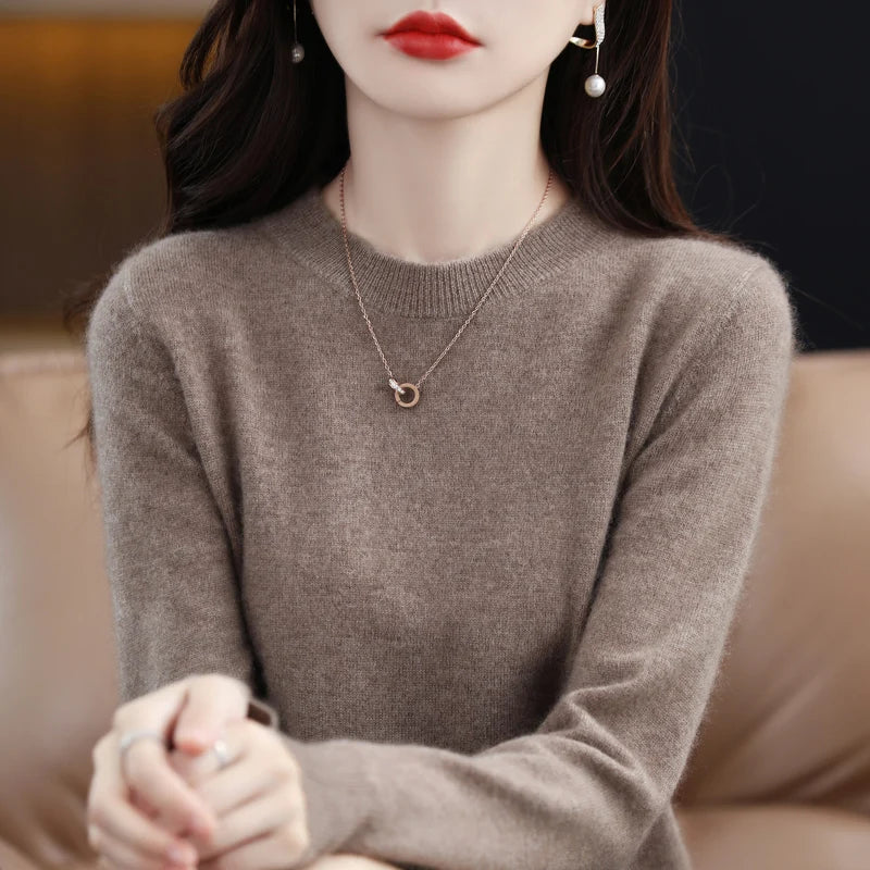 Fashion 100% Merino Wool Sweater Elegant Cashmere Pullover Women O-Neck Long Sleeve Knitwear Basic Clothing  Jumper Tops