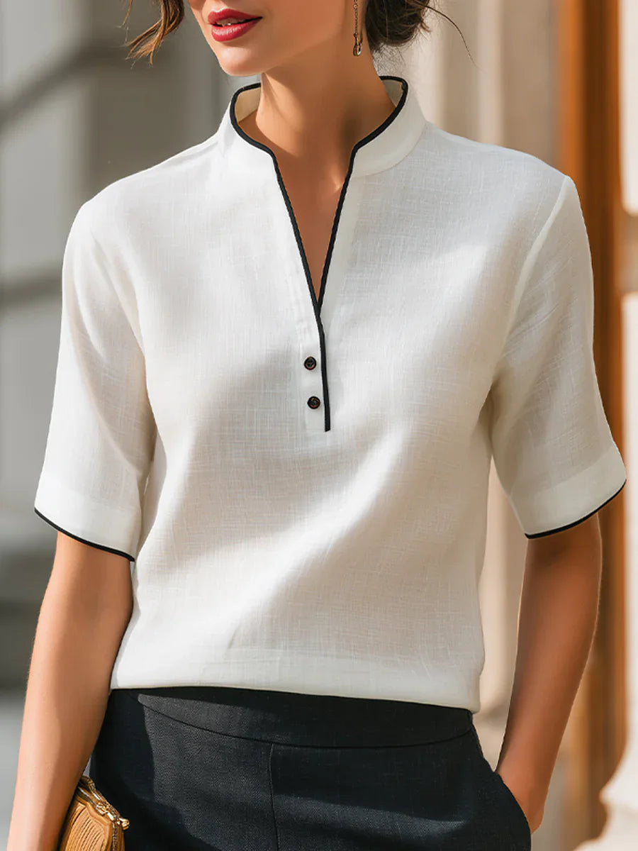 Women's V-Neck Button Detail Contrast Trim Blouse – Short Sleeve Casual Top