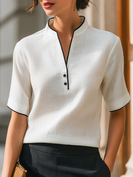 Women's V-Neck Button Detail Contrast Trim Blouse – Short Sleeve Casual Top