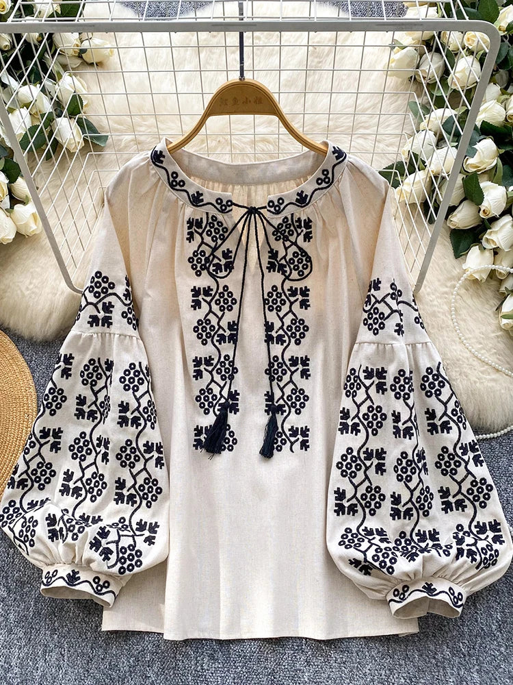 Women Embroidered Blouse Autumn Casual Versatile Lace Up O-neck Lantern Sleeves Retro Heavy Industry Top Female Pullovers BL247