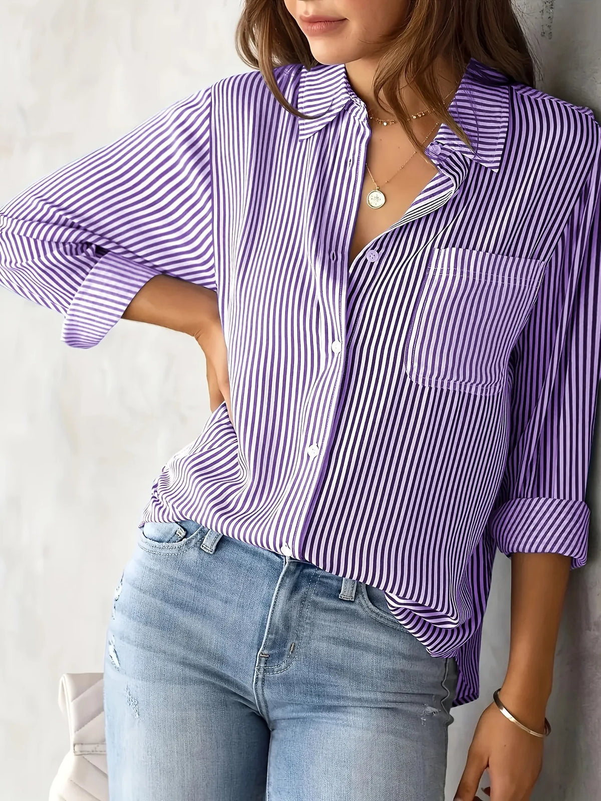 Women Long Sleeve Striped Loose Shirt Office Lady Elegant Turn Down Collar Harajuku Blouse Casual Lapel Tops Female Clothes