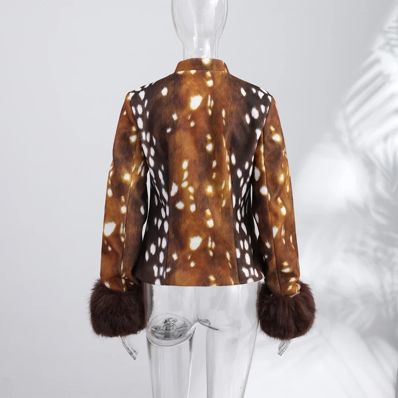 Street Leopard Print Fur Cuffs Jacket Women Stand Collar Full Sleeve Buttons Jackets 2026 Autumn Winter Fashion Lady Outwear