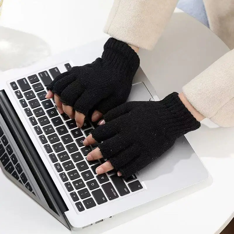 Thick Knit Fingerless Gloves – Unisex Black Half-Finger Gloves