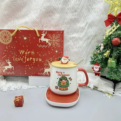 Santa Mug Warmer Gift Set – Ceramic Mug with Lid, Spoon & 55°C Warming Coaster