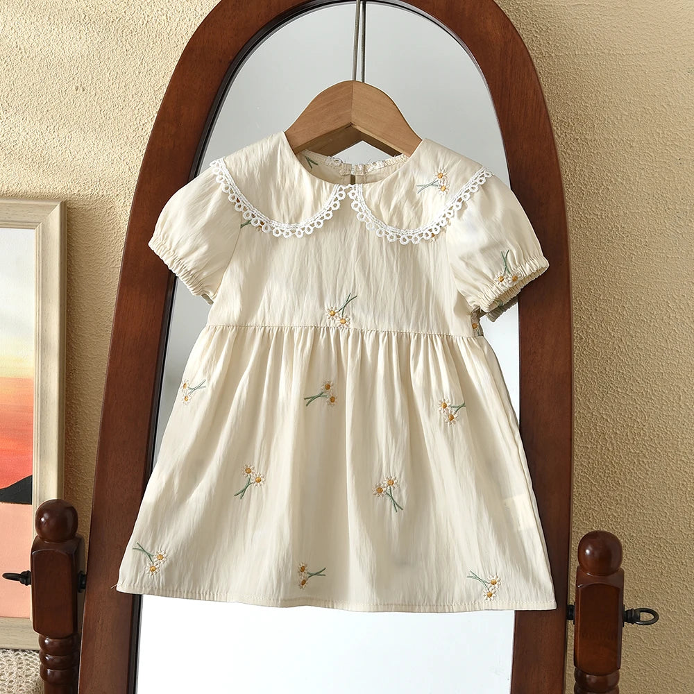 Girls' Beige Embroidered Doll Collar Dress - Bubble Sleeve Princess Dress, 6M-3Y