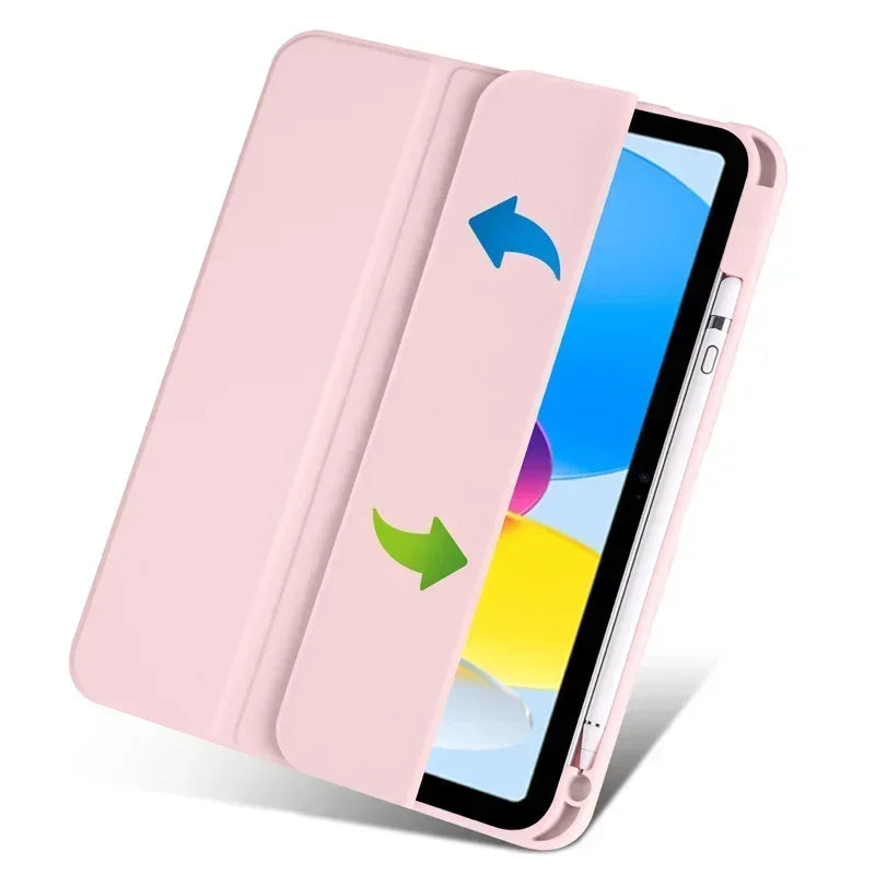 Pink tablet case with a clear view of a colorful tablet screen on a white background
