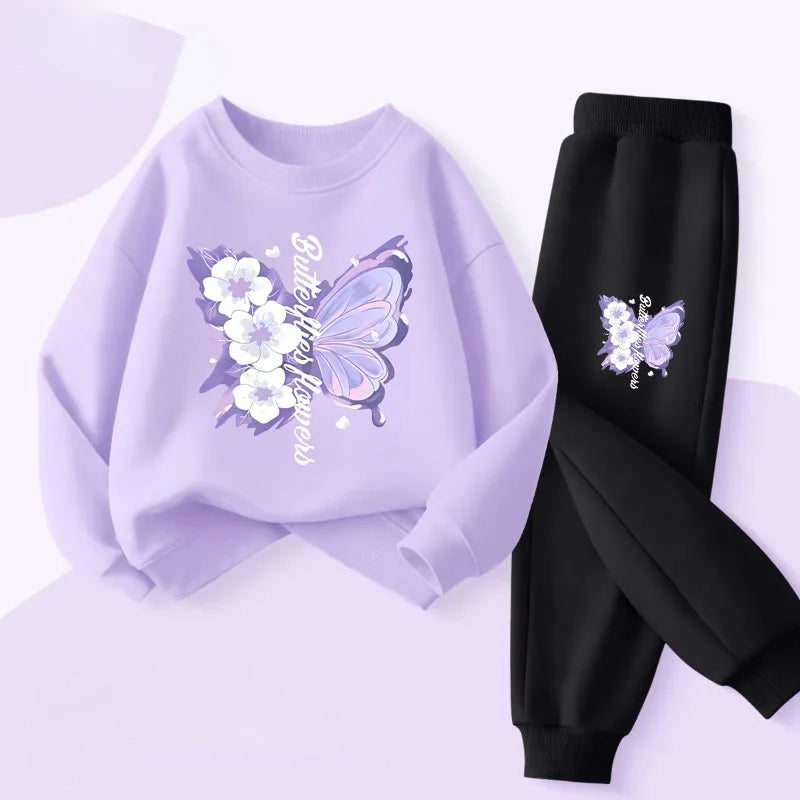 Girls' Butterfly Print Hoodie & Pants Set - 2-Piece Spring Tracksuit, Sizes 100-150