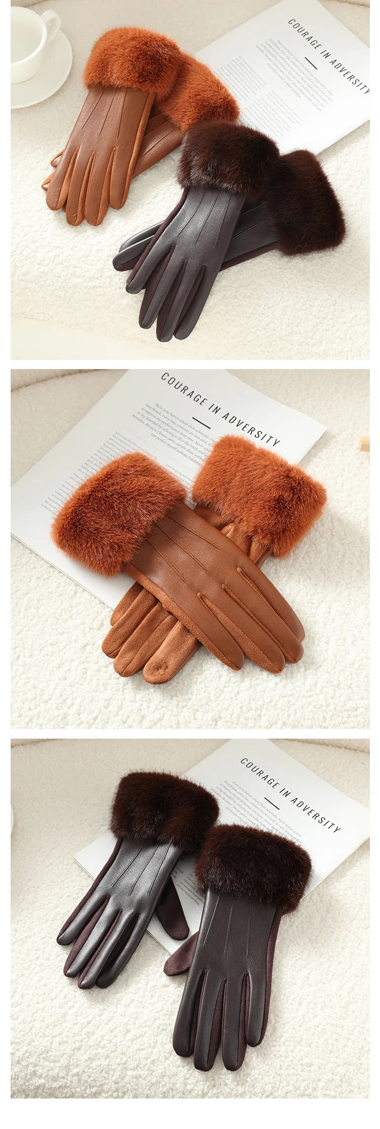 Women's Faux Leather Gloves with Faux Fur Cuff – Touchscreen