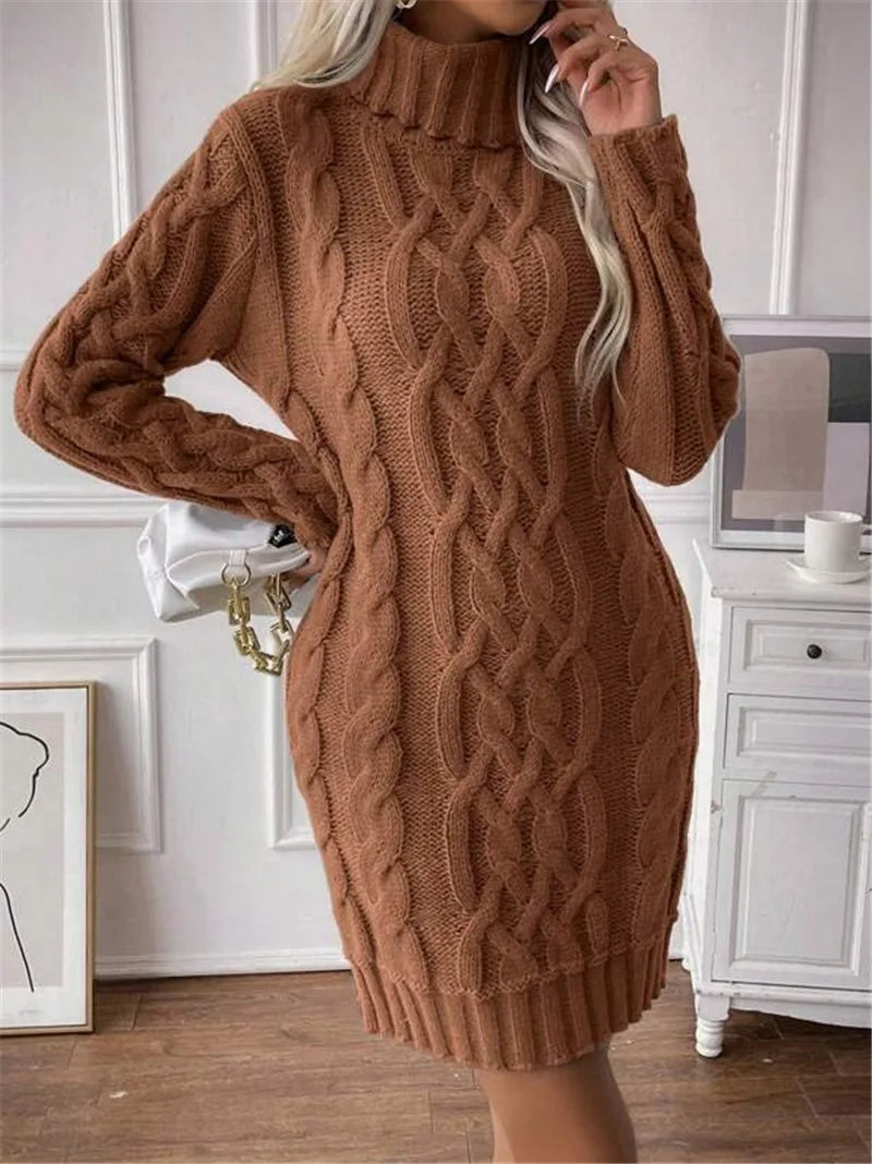 Women's Twisted-Knit Turtleneck Knee-Length Dress