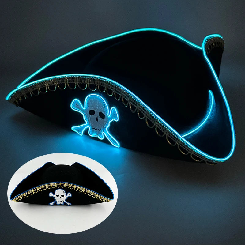 LED Light-Up Pirate Captain Hat - Glowing Tricorn Costume Hat for Halloween & Parties