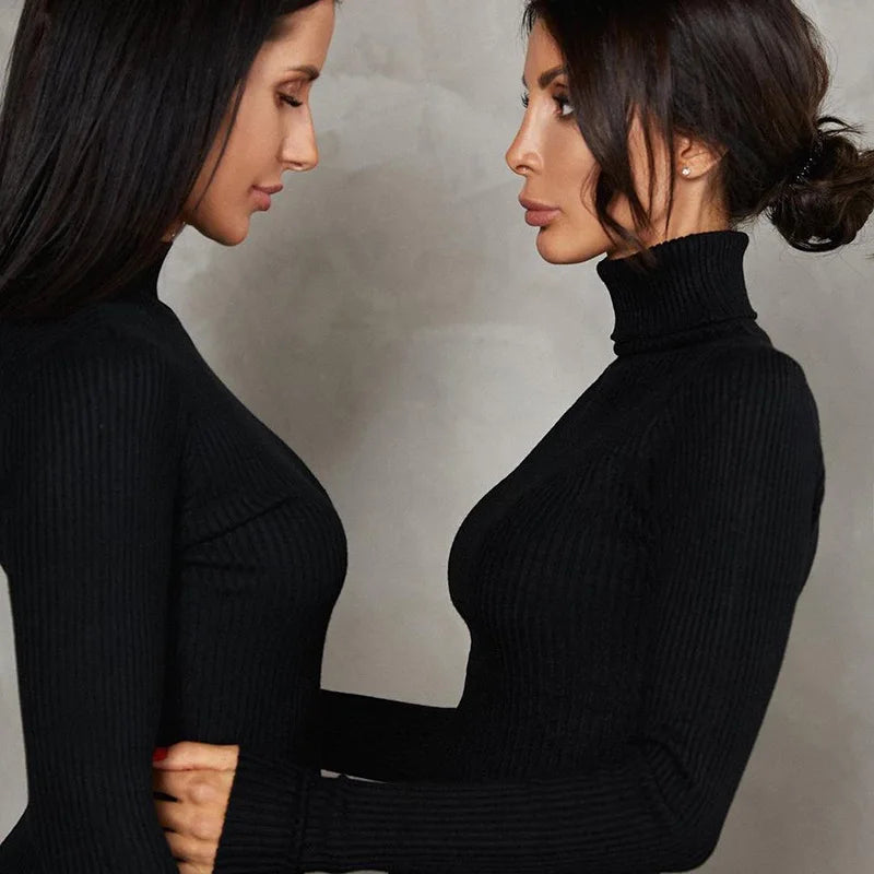 Women's Black Turtleneck Bodycon Midi Dress
